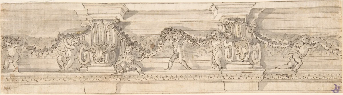 Frieze with Consoles, Putti, and Garlands (recto); Fragment of Architectural design (verso) by anonymous, drawing, 1600-1699