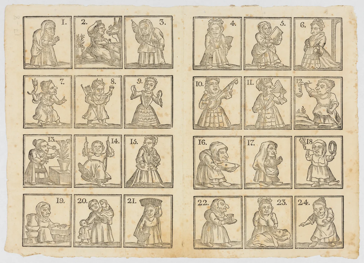 24 female dwarfs representing the trades and character types by Ildefonso Mompié, print, 1815-1825
