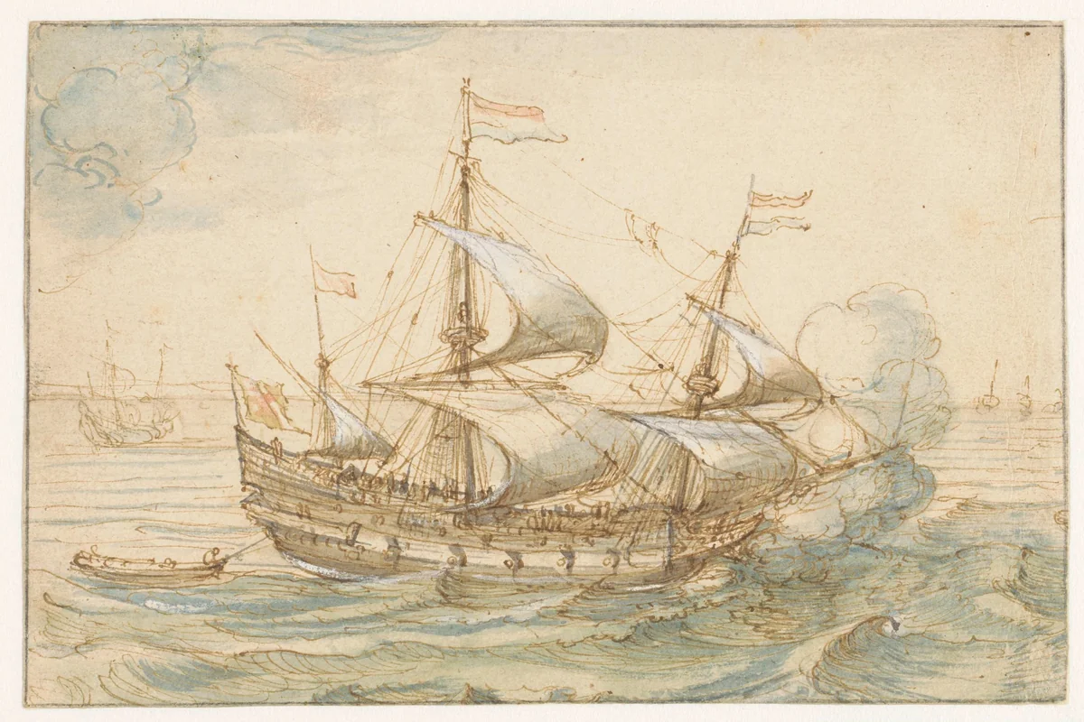 Oorlogsschip op zee by Hendrick Cornelisz Vroom, drawing, 1615-1629