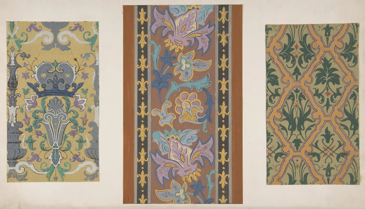 Three designs for wallpaper featuring strapwork, rinceaux, and fleurs-de-lis by Jules-Edmond-Charles Lachaise, drawing, 1830-1897
