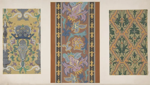 Three designs for wallpaper featuring strapwork, rinceaux, and fleurs-de-lis by Jules-Edmond-Charles Lachaise, drawing, 1830-1897