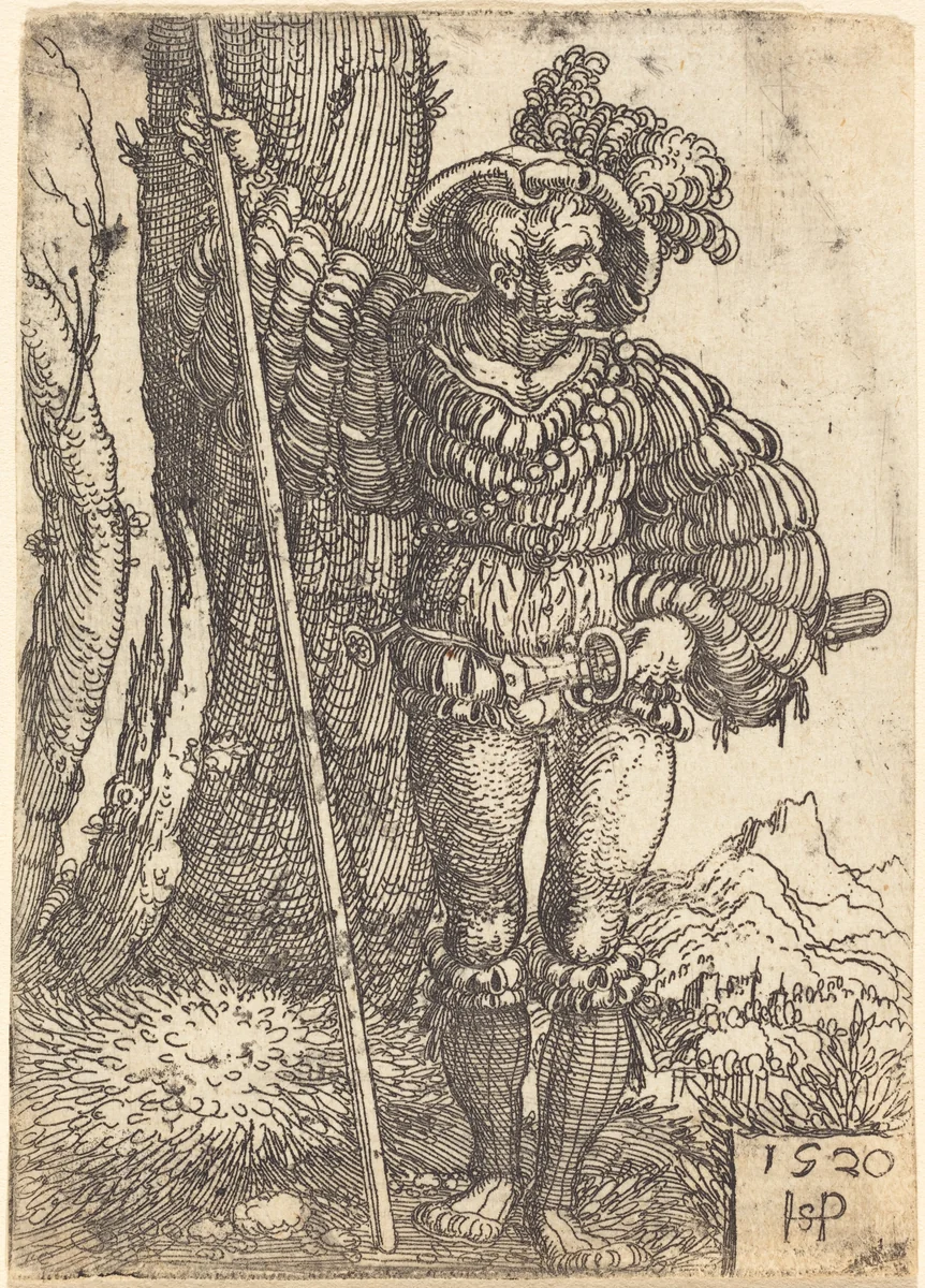 Foot Soldier Standing by a Tree by Sebald Beham, print, 1520