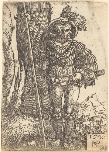 Foot Soldier Standing by a Tree by Sebald Beham, print, 1520