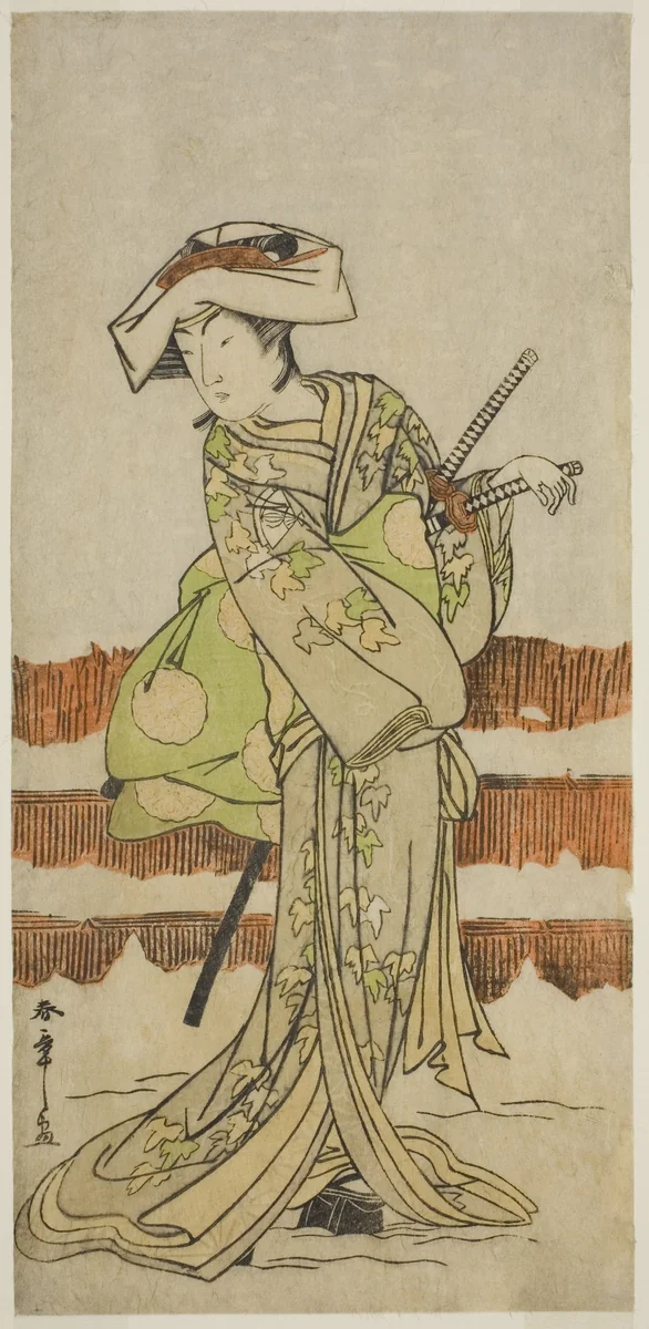 The Actor Onoe Kikugoro I as Tonase in the Play Kanadehon Chushin Nagori no Kura, Performed at the Nakamura Theater in the Ninth Month, 1780 by Katsukawa Shunsho (勝川 春章), print, 1775-1785