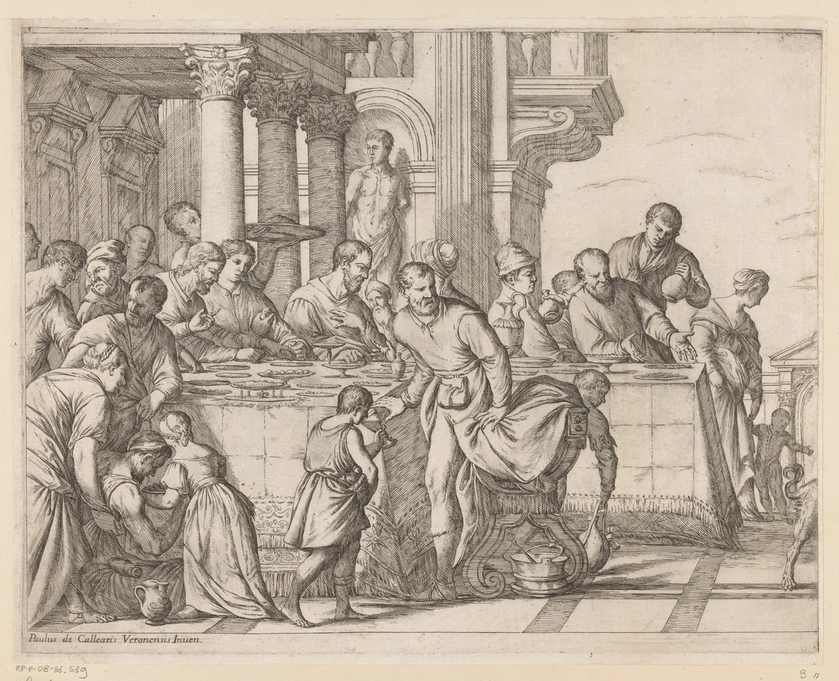 Christus aan de maaltijd in het huis van Simon de Farizeeër (linker blad) by Giuseppe Maria Mitelli, print, 1644-1718
