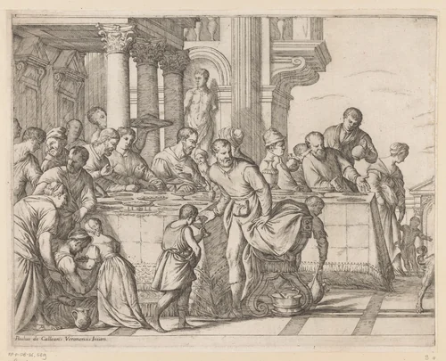 Christus aan de maaltijd in het huis van Simon de Farizeeër (linker blad) by Giuseppe Maria Mitelli, print, 1644-1718