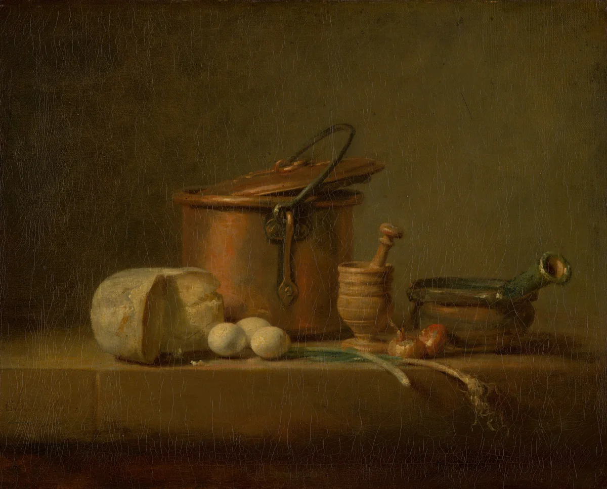 Still Life with Copper Pot, Cheese and Eggs by Jean-Baptiste-Siméon Chardin, painting, 1730