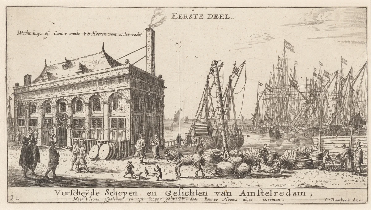 View of the Port of Amsterdam with the Office of the Water Authority (Title Page) by Reinier Nooms, print, 1647-1657