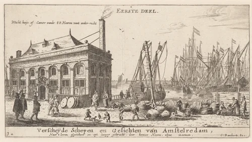 View of the Port of Amsterdam with the Office of the Water Authority (Title Page) by Reinier Nooms, print, 1647-1657