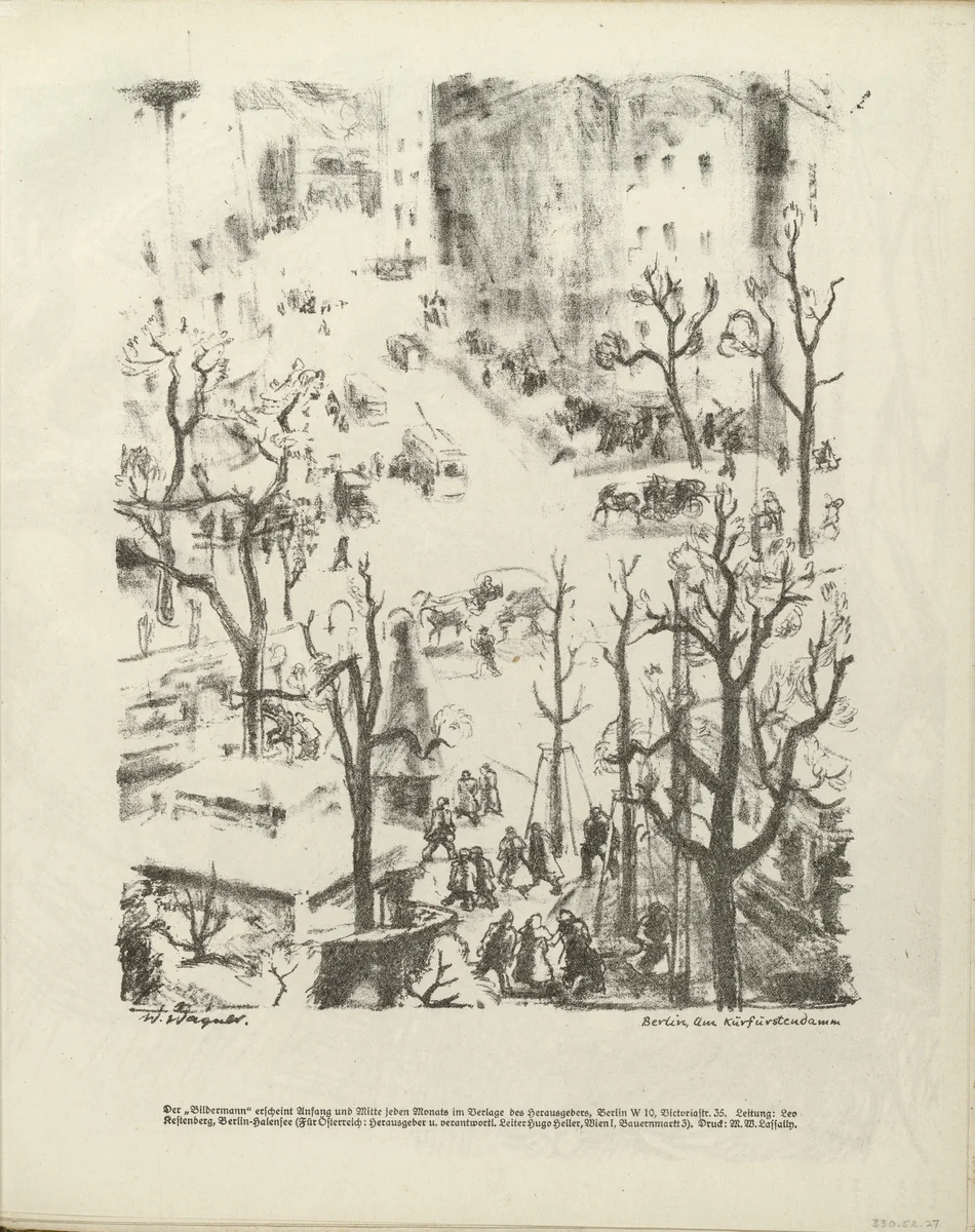 On the Kurfürstendamm, Berlin (Berlin, Am Kurfürstendamm) (plate, folio 15) from the periodical Der Bildermann, vol. 1, no. 7 (July 1916) by Wilhelm Wagner, periodical, 1916