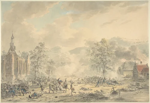 Battle Scene with Church at left by Dirk Langendijk, drawing, 1790-1800