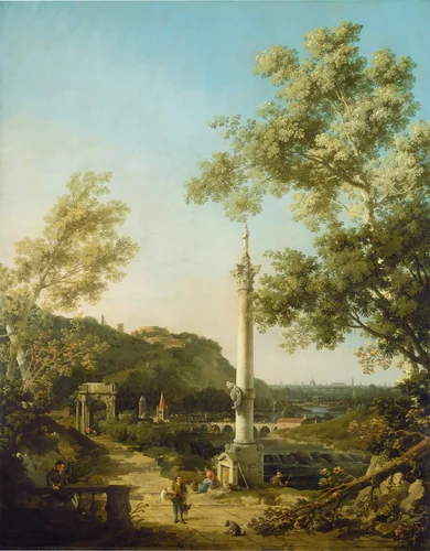English Landscape Capriccio with a Column by Canaletto, painting, 1754