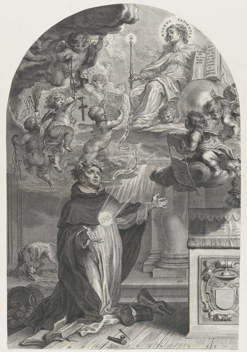 The Blessed Henry Suso Kneeling before Eternal Wisdom by Cornelis Galle, print, 1600-1650