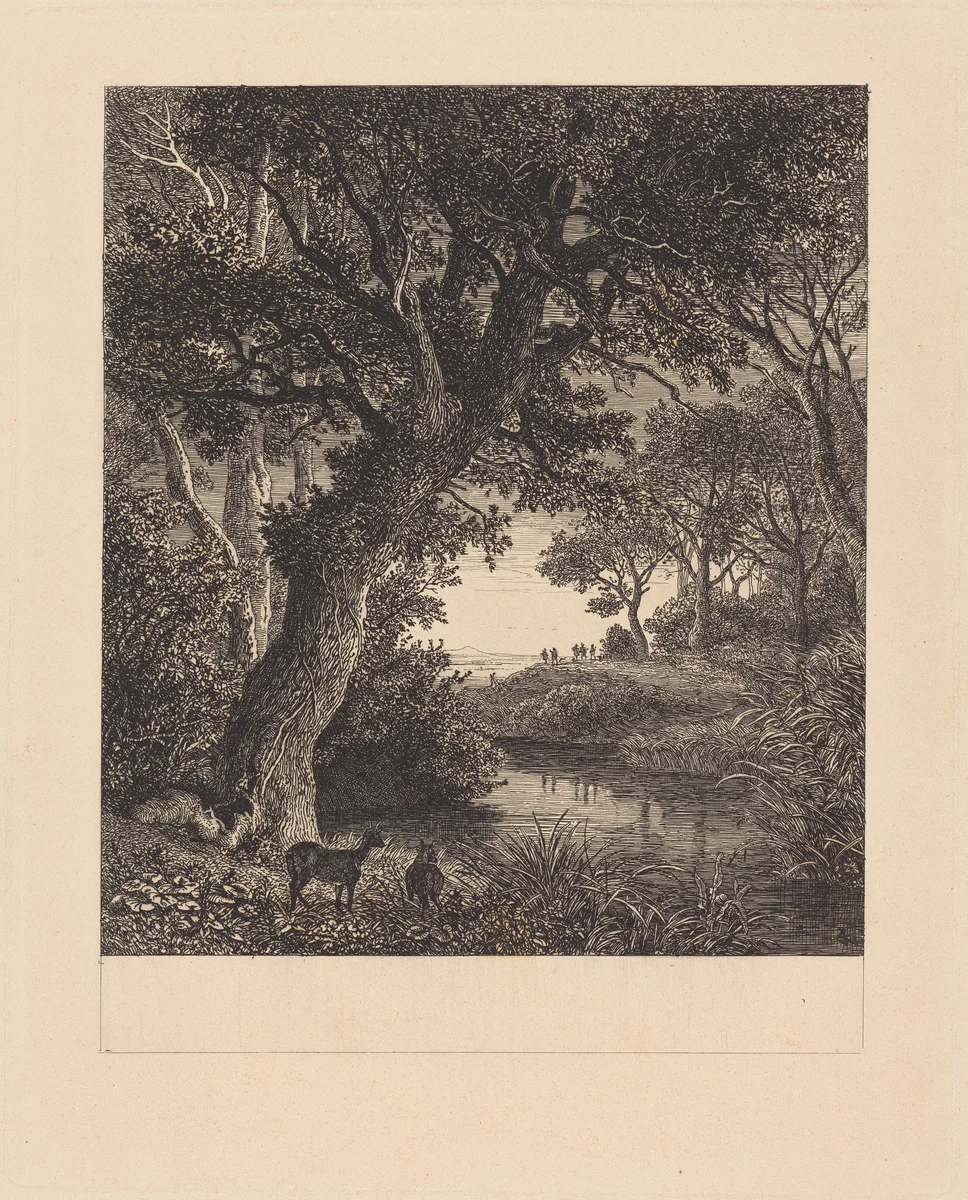 Hunters Leaving a Forest by Johann Wilhelm Schirmer, print, 1807-1863