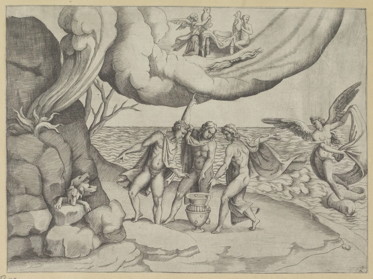 Jupiter, Neptunus en Pluto verdelen het universum by Giulio Bonasone, print, 1501-1580