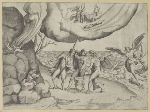 Jupiter, Neptunus en Pluto verdelen het universum by Giulio Bonasone, print, 1501-1580
