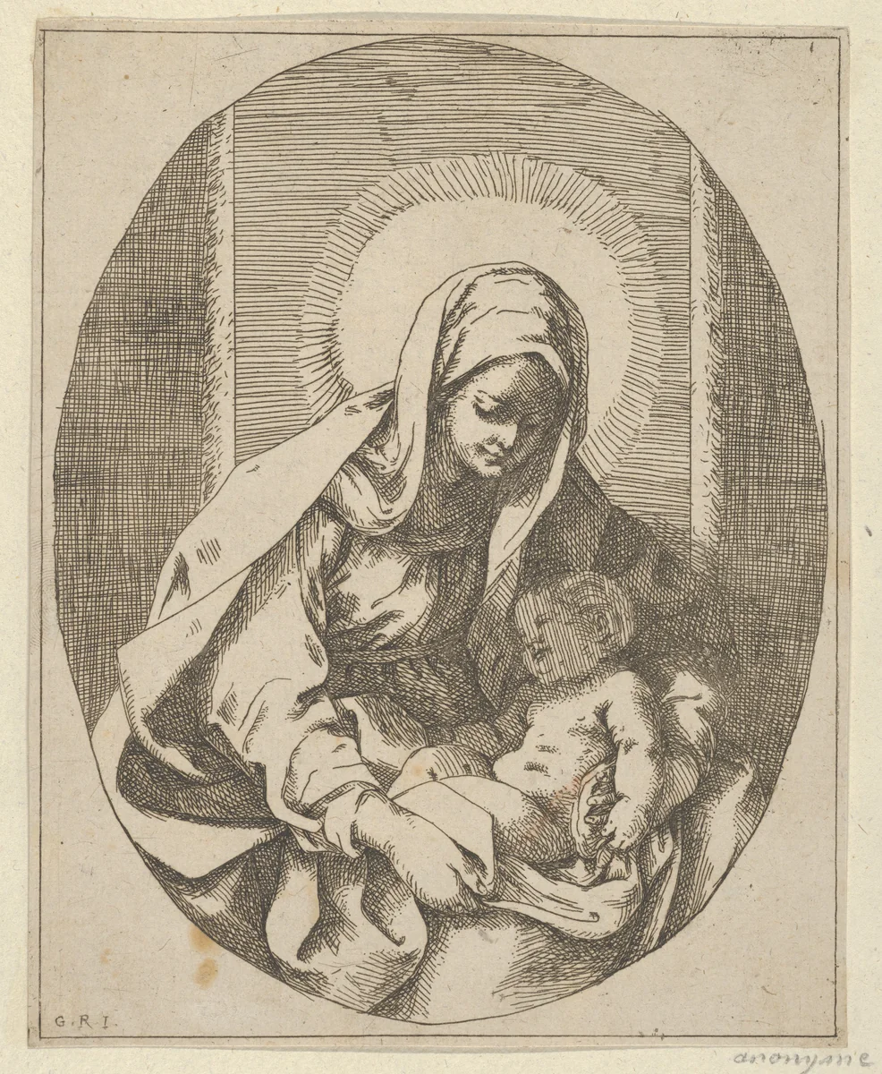 The Virgin holding the infant Christ on her lap, an oval composition, after Reni by Guido Reni, print, 1620-1650