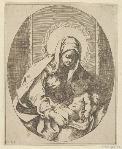 The Virgin holding the infant Christ on her lap, an oval composition, after Reni by Guido Reni, print, 1620-1650
