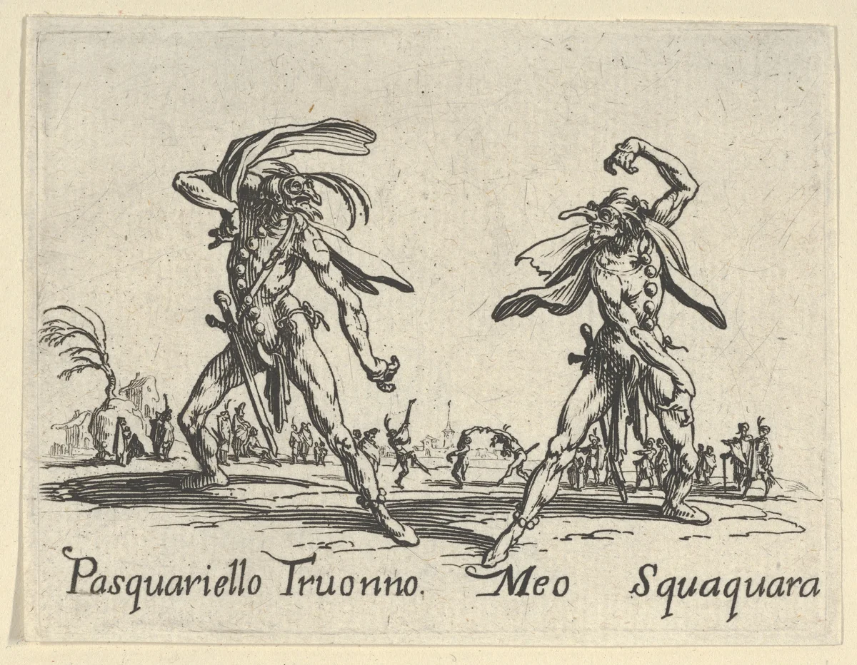 Pasquariello Truonno - Meo Squaquara, from "Balli di Sfessania" (Dance of Sfessania) by Jacques Callot, print, 1622