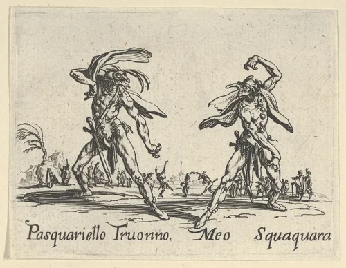 Pasquariello Truonno - Meo Squaquara, from "Balli di Sfessania" (Dance of Sfessania) by Jacques Callot, print, 1622