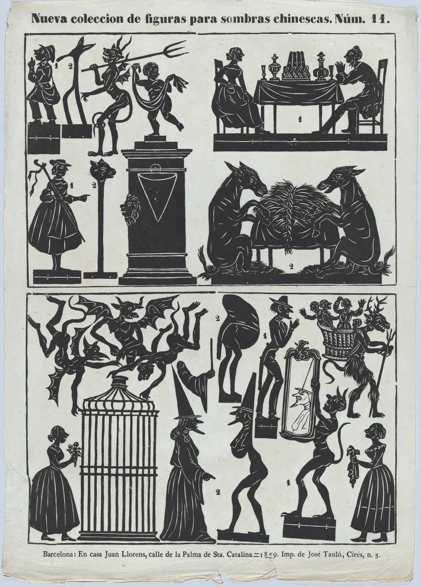Sheet 11 of figures for Chinese shadow puppets by Juan Llorens, print, 1859
