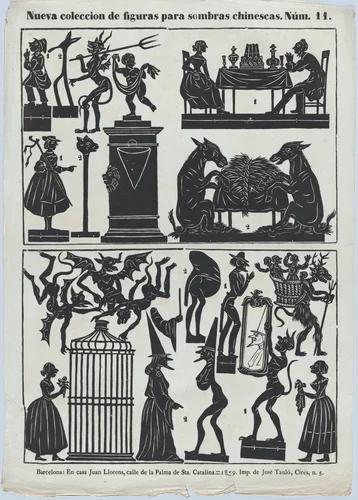 Sheet 11 of figures for Chinese shadow puppets by Juan Llorens, print, 1859