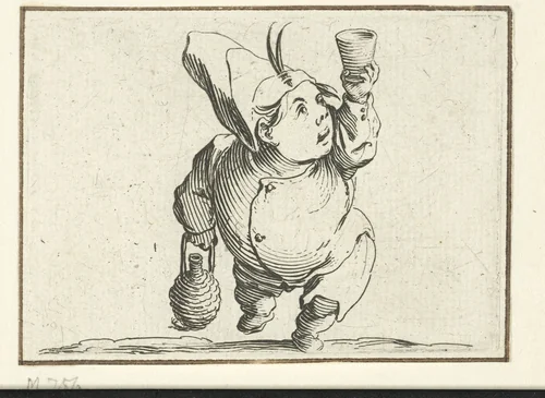 Kleine mens (karikatuur) met fles en glas by Jacques Callot, print, 1621-1625