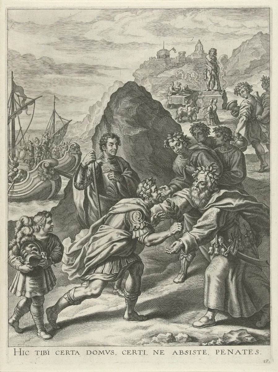 Aeneas accepteert de gastvrijheid van Evander in Italië by Cornelis Galle, print, 1635-1636