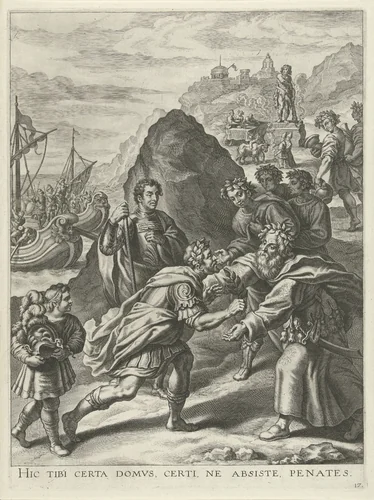 Aeneas accepteert de gastvrijheid van Evander in Italië by Cornelis Galle, print, 1635-1636
