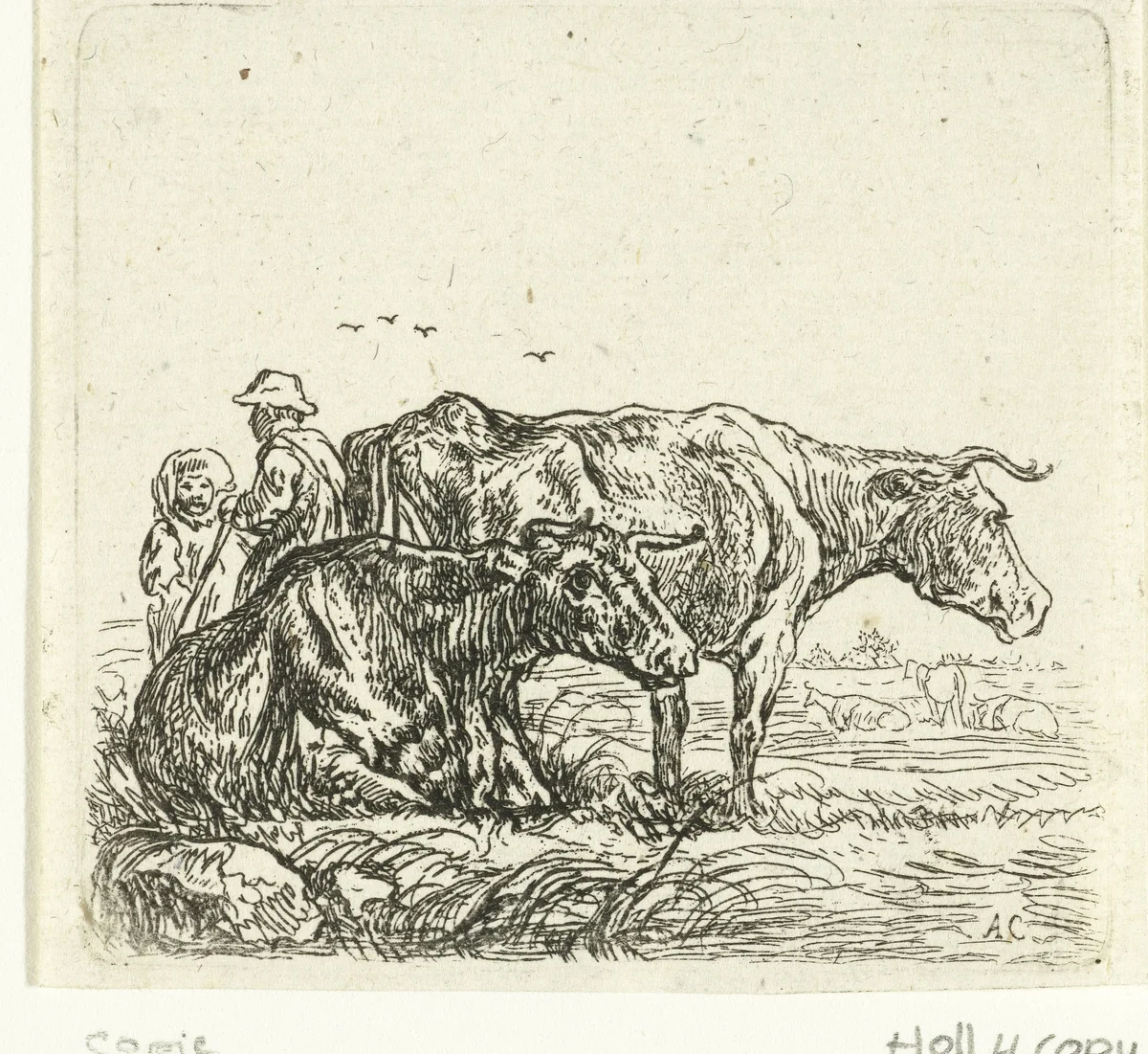 Twee koeien en herders by anonymous, print, 1630-1691