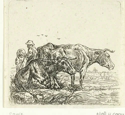 Twee koeien en herders by anonymous, print, 1630-1691