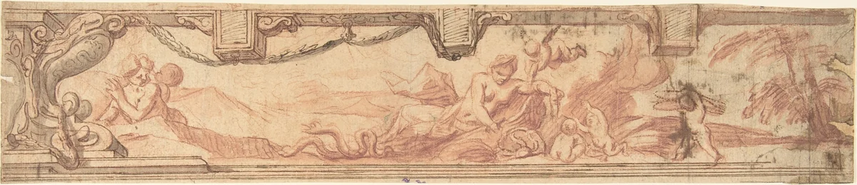 Design for a Frieze with a Coat of Arms with a Serpent and a Landscape Scene with Women and Children by anonymous, drawing, 1700-1800