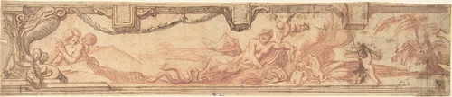 Design for a Frieze with a Coat of Arms with a Serpent and a Landscape Scene with Women and Children by anonymous, drawing, 1700-1800