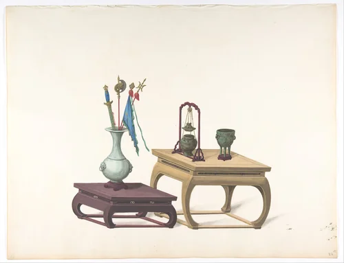 Two Low Tables with Ornamental Objects by anonymous, drawing, 1800-1900