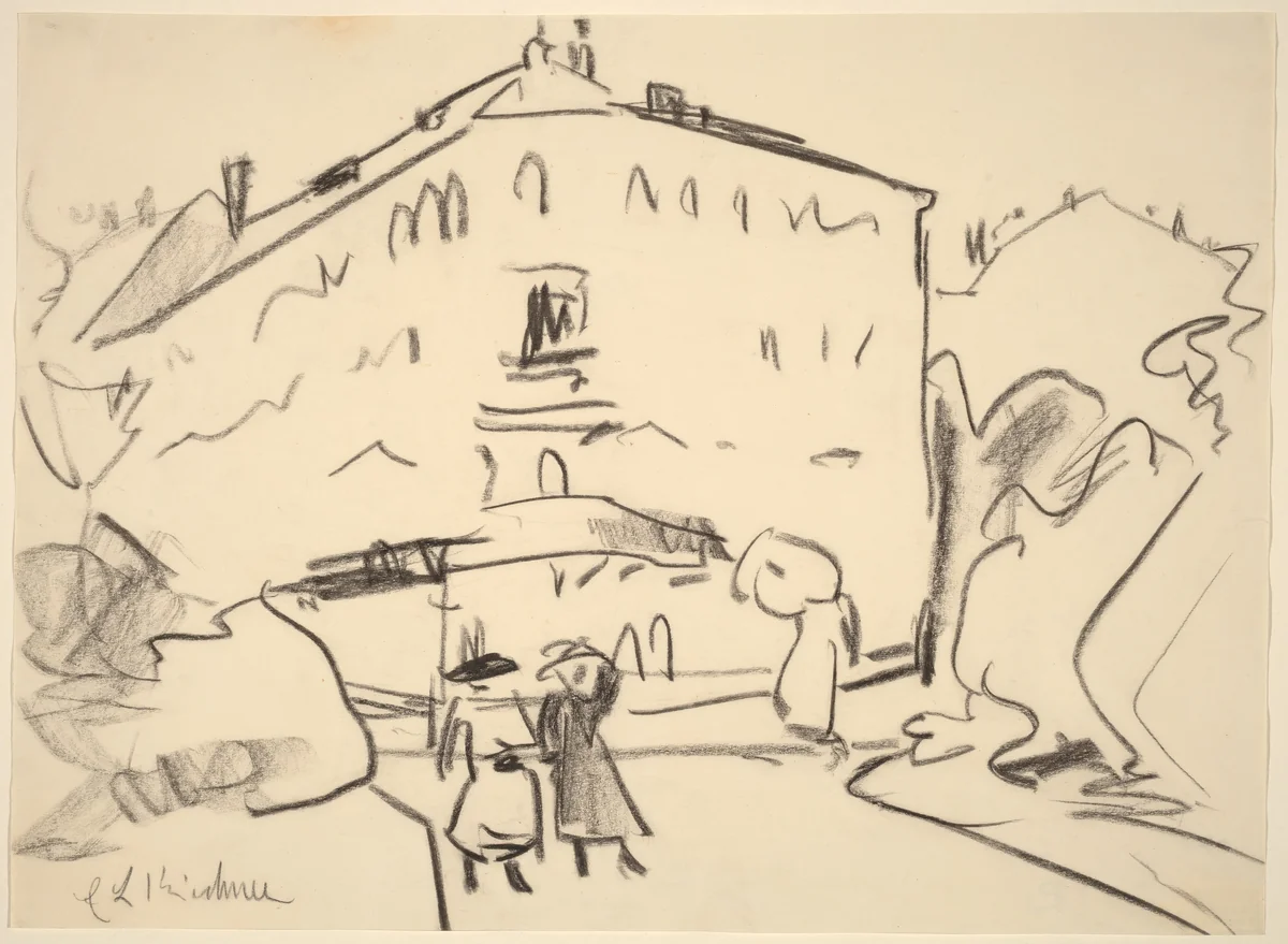 Houses in Dresden with People Strolling by Ernst Ludwig Kirchner, drawing, 1909