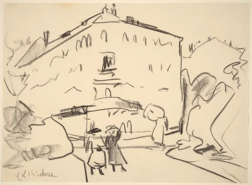 Houses in Dresden with People Strolling by Ernst Ludwig Kirchner, drawing, 1909