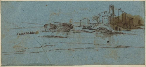 Buildings on a River Bank [verso] by Master of the Blue Landscapes, drawing, 1570-1710