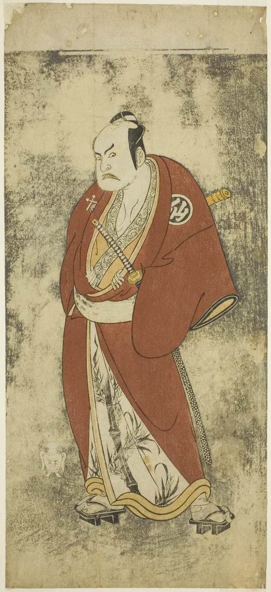 The Actor Nakamura Sukegoro II as Kaminari Shokuro in the Joruri "Gonin Otoko" (Five Chivalrous Commoners), Played as One Act in the Ayatsuri Kabuki Ogi (Mastery of the Fan in Kabuki), Performed at the Nakamura Theater from the Twentieth Day of the Seventh Month, 1768 by Katsukawa Shunsho (勝川 春章), print, 1763-1773
