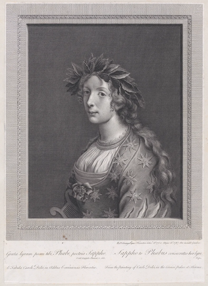 Sappho to Phoebus consecrates her lyre by Robert Strange, print, 1787