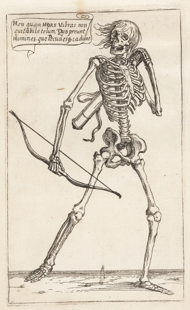 Skeleton of a Man with Bow and Arrow by Teodoro Filippo di Liagno, print, 1620-1621