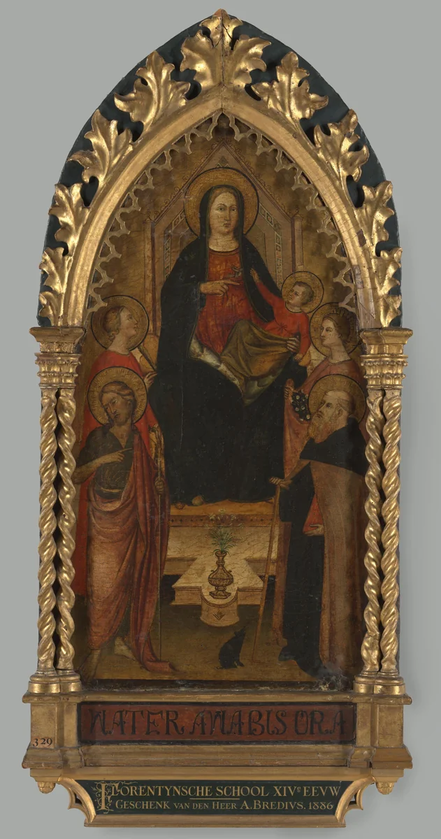 Virgin and Child Enthroned with Four Saints, Saints John the Baptist, Antony Abbot, Elizabeth of Hungary, a female saint by anonymous, painting, 1350-1399