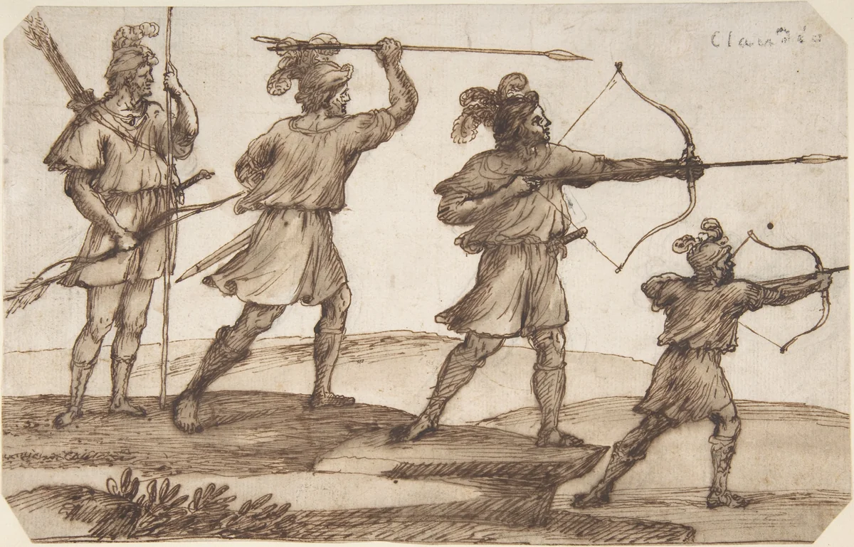 Three Archers and a Figure with a Spear by Claude Lorrain, drawing, 1670-1672