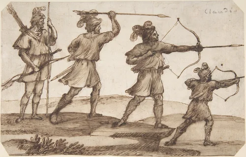 Three Archers and a Figure with a Spear by Claude Lorrain, drawing, 1670-1672
