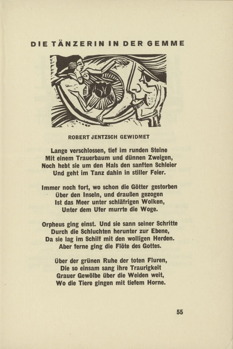 The Dancer in the Cameo (Die Tänzerin in der Gemme) headpiece, page 55) from Umbra vitae (Shadow of Life) by Ernst Ludwig Kirchner, illustrated book, 1924