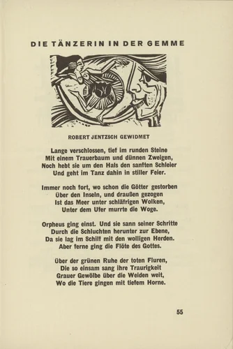 The Dancer in the Cameo (Die Tänzerin in der Gemme) headpiece, page 55) from Umbra vitae (Shadow of Life) by Ernst Ludwig Kirchner, illustrated book, 1924