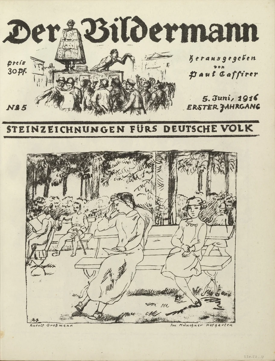 In the Munich Hofgarten (Im Münchner Hofgarten) (front cover, folio 10) from the periodical Der Bildermann, vol. 1, no. 5 (Jun 1916) by Rudolf Grossmann, periodical, 1916