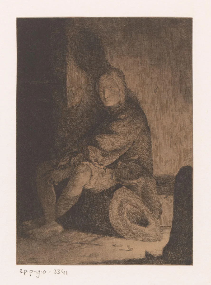 Jongeling met viool op schoot en de strijkstok gebroken op de grond by Louis Gallait, print, 1865