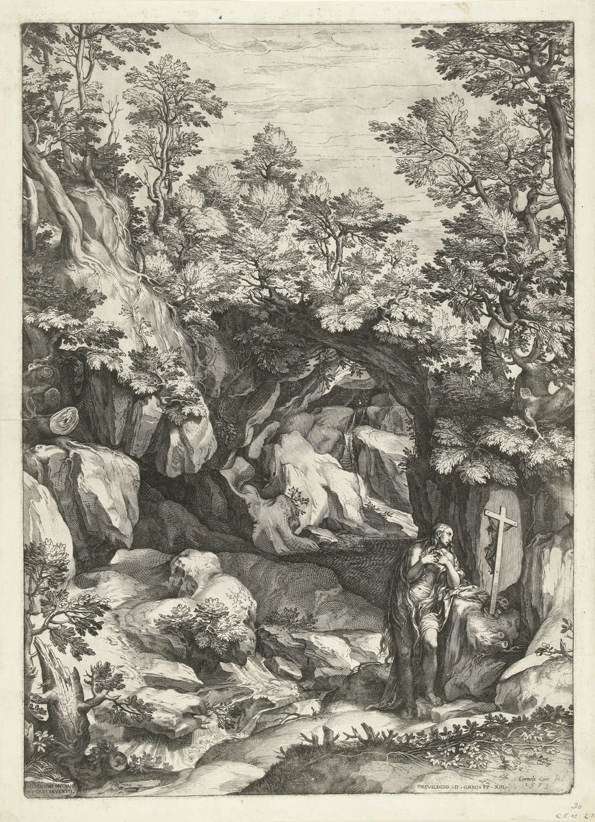 Landschap met de boetvaardige Maria Magdalena by Unknown, print, 1573