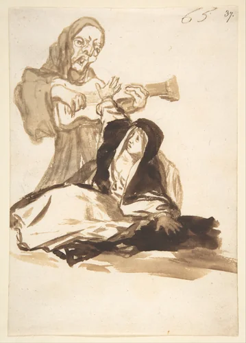 A nun frightened by a ghost playing a guitar; page 65 from the "Images of Spain" Album (F) by Goya, drawing, 1807-1825