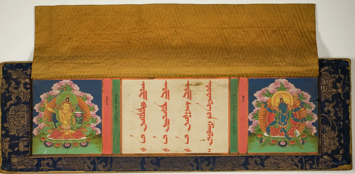 Title Page and Front Cover of a Buddhist Manuscript with Manjusri (left) and Mantramanudharani, a Pancharaksha Goddess (right) by Mongolia, drawing, 1599-1799